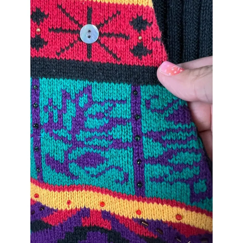 90s Carole Little Beaded Fringe Sweater Vest Colorful‎ Boho Festival L